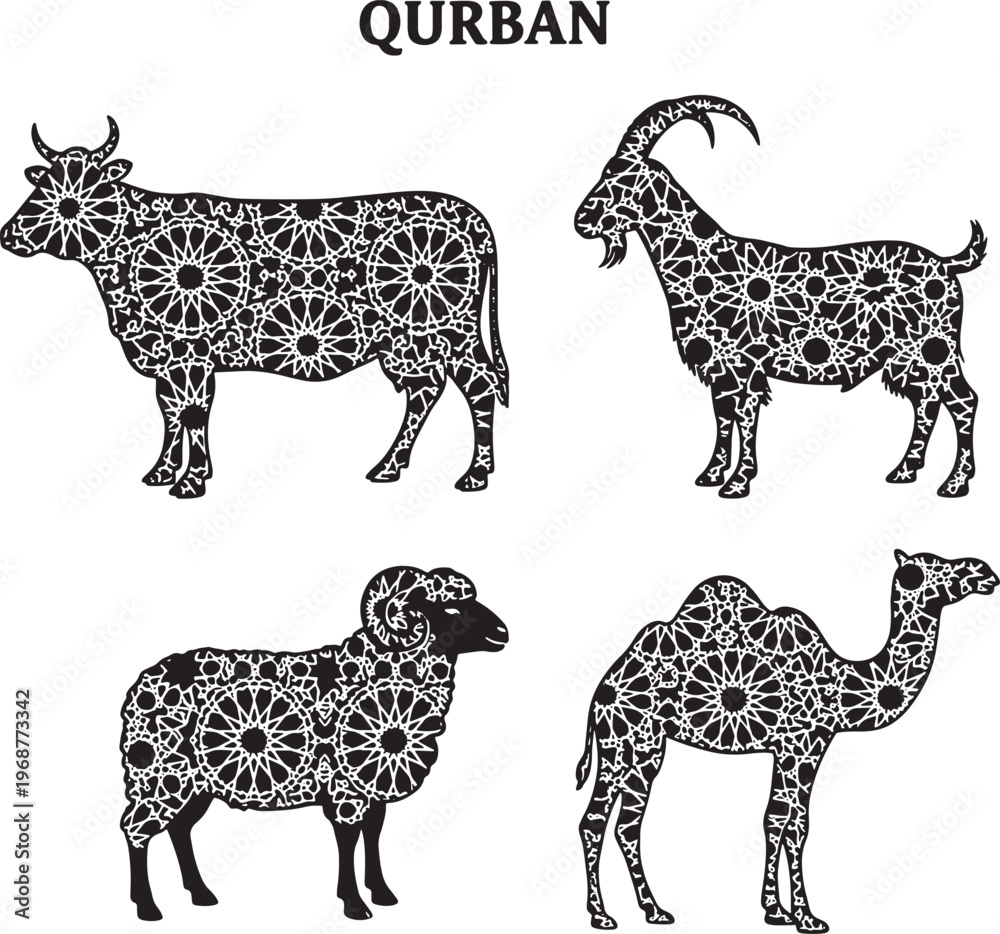 Fototapeta premium Qurban Animals Islamic Geometric Pattern Vector Set - Cow Goat Sheep Camel with Arabesque Ornamental Design