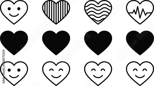Heart Icon Set with Cute Smile Faces, Love Symbols, Patterned Hearts, Pulse Line, Romantic Shapes for Valentine, Emotion, Social Media, and UI Design
