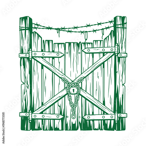 Green line of a weathered wooden gate secured with a heavy metal chain and a padlock featuring sharp barbed wire strung across the posts isolated on a white background