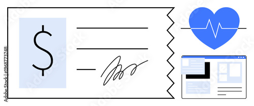 Health insurance, payment processing, digital tools, online healthcare, financial transactions, medical billing. Abstract composition with invoice, heart icon and webpage. Health insurance