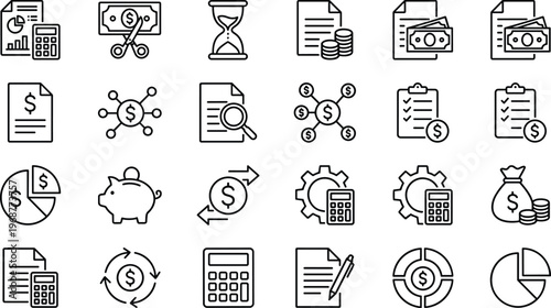 Finance Accounting Icon Set with Money, Budget, Investment, Tax, Calculator, Profit Analysis, Banking, Currency Exchange, and Financial Management Symbols for UI and Apps