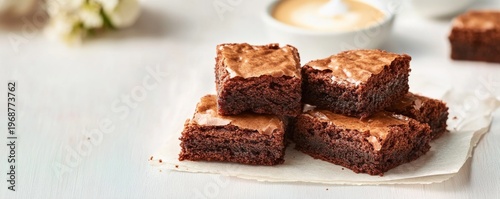 Rich, fudgy chocolate brownies piled on parchment, showcasing moist texture and glossy tops on a white surface, with a blurred coffee and flowers background. Decadent
