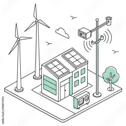 An isometric illustration showcases a sustainable smart city concept featuring wind turbines solar panels and surveillance technology high quality professional