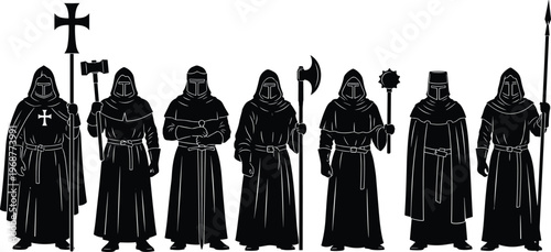 Medieval knight silhouettes set, warrior illustration, crusader icons, historical weapons, fantasy art, dark armor, battle graphics, medieval soldiers, gothic design, warfare