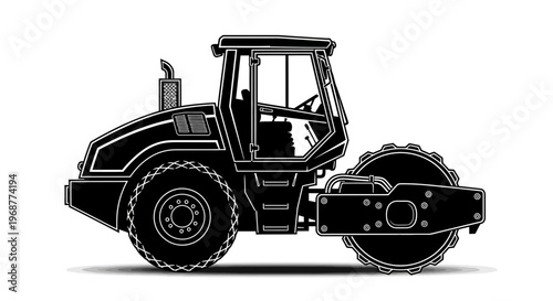 Heavy Duty Road Roller Compactor Construction Vehicle Silhouette.