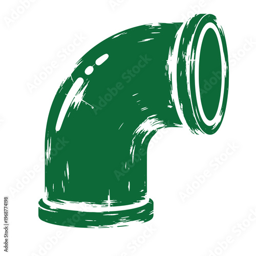 Green plumbing pipe elbow joint with a distressed grunge texture isolated on a white background showing a curved industrial pipe connector for water or drainage systems