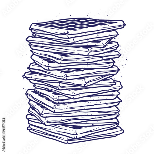 A tall stack of square waffles drawn in a dark blue ink line style with scattered speckles and dots on a white background