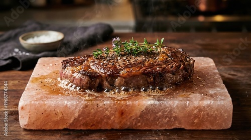 Ribeye steak sizzling on salt block with fresh herbs