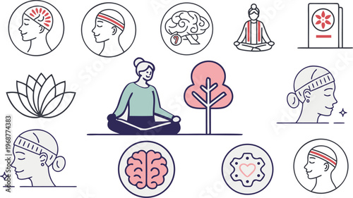 Meditation Icons: A collection of various icons representing mindfulness, inner peace, and mental clarity, conveying themes of meditation, well-being, and a balanced lifestyle.