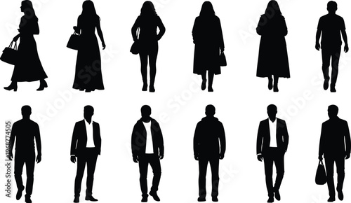 People silhouettes set, walking figures, lifestyle icons, fashion illustration, urban community, gender representation, posture study, occupation graphics, daily routine, design art