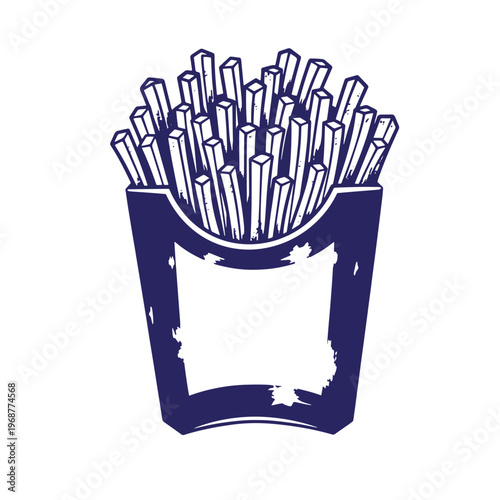 Dark blue ink of a paper carton filled with crispy potato french fries isolated on a white background in a hand drawn style