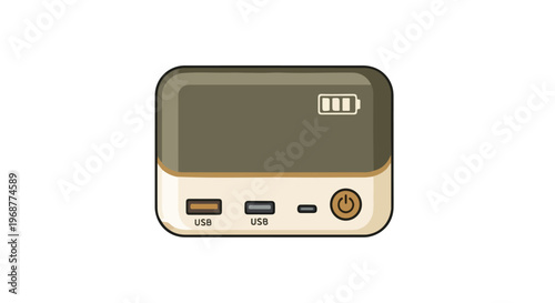 Illustration of a portable power bank with USB ports and a power button on a white background.