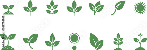 Plant icons, leaf design, seedling growth, eco nature, sustainability artwork, agriculture symbol, green illustration, organic farming, environment concept, botanical graphic