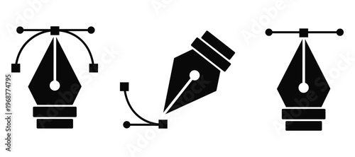 Pen Tool and Curvature Tool Icon Set Vector with Cursor Symbols and Fountain Pen Nib in Outline 
and Glyph Styles for Design and UI Applications