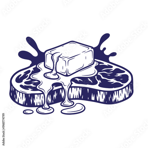 Dark blue ink of a thick raw beef steak topped with a square block of melting butter dripping down the sides with liquid splashes isolated on a white background