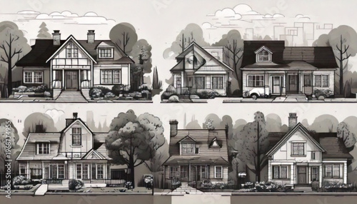 Collection of Vintage Architectural House Styles in Black and White.
