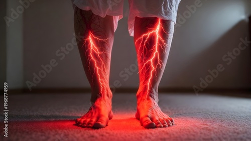 Burning leg pain and peripheral nerve dysfunction. Chronic venous insufficiency and neuropathy. Person standing with red glowing electrical arcs representing acute pain in lower limbs