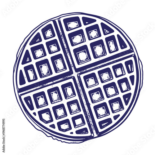 Dark blue ink stamp style of a round belgian waffle with a grid pattern of square indentations isolated on a white background
