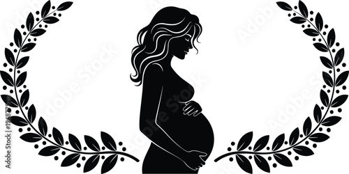 Pregnant woman silhouette, motherhood concept, fertility symbol, maternity illustration, expecting mother profile, laurel wreath frame, elegant design, family life, nurturing love