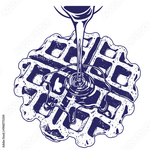 Dark blue ink style of syrup being poured onto a round belgian waffle with a textured surface and deep grid pattern isolated on a white background