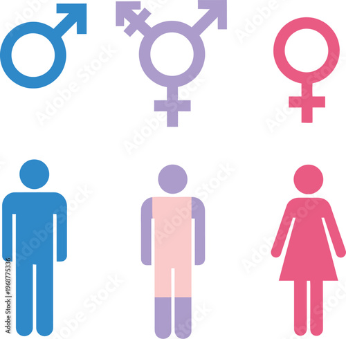Icons representing gender symbols and stylized human figures for diversity and identity.