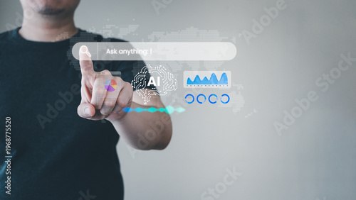 A man touching a virtual search bar with an AI brain icon, data charts, and analytics dashboard. Concept of artificial intelligence, digital transformation, and future technology in business.