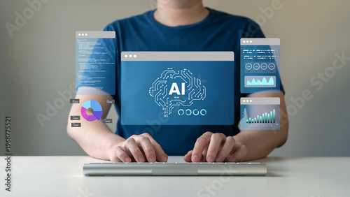 Programmer hands typing on keyboard with virtual AI interface, source code windows, and data analytics dashboard. Concept of software development, machine learning, and digital tech innovation.