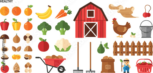 Farm to Table Organic Agriculture Flat Vector Icon Set Featuring Healthy Vegetables Fruits Barn Livestock Gardening Tools and Farmer for Sustainable Lifestyle Designs