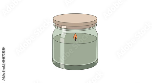An illustration of a candle in a glass jar with a wooden lid on a white background.