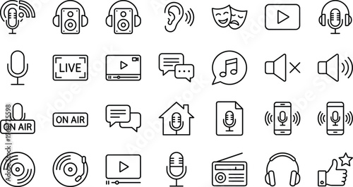 Audio Media Icon Set with Microphone, Podcast, Speaker, Live Broadcast, Music, Video Player, Radio, Headphones Symbols for Streaming, UI, Apps, and Content Creation