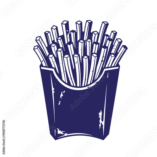 Dark blue monochromatic of a paper carton filled with crispy potato french fries isolated on a white background with a distressed texture effect