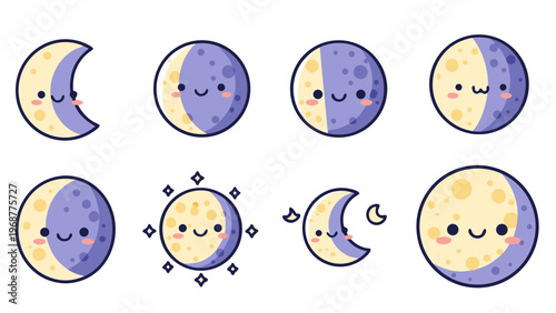 Cute kawaii moon phases with happy faces and starry sparkle effects
