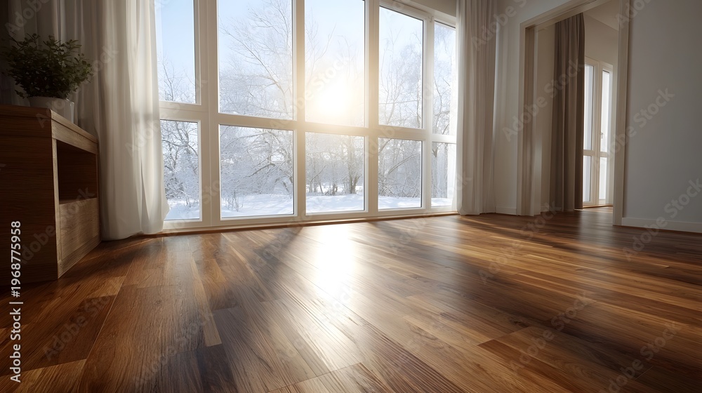 Fototapeta premium Sunlit modern room with large overlooking a snowy winter landscape showcasing warm wooden flooring