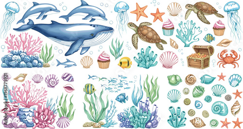 Comprehensive vector marine life collection featuring blue whales dolphins sea turtles and colorful coral reef elements with treasure chests and decorative seashells