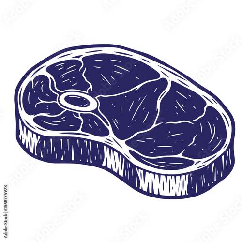 Dark blue of a raw beef steak cut with a central bone isolated on a white background featuring hand drawn style lines and hatching textures for food menu