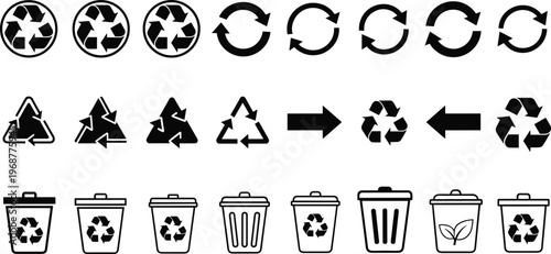 Recycling icons set, eco waste management, sustainability symbols, trash bin silhouettes, compost leaf symbol, circular arrows, environmental conservation illustration
