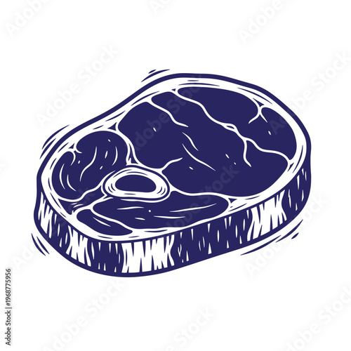 Dark blue of a raw beef steak cut with a central bone isolated on a white background in a hand drawn woodcut or linocut style