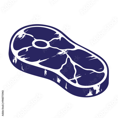 Dark blue of a raw beef steak cut with white marble fat lines isolated on a white background in an isometric perspective view