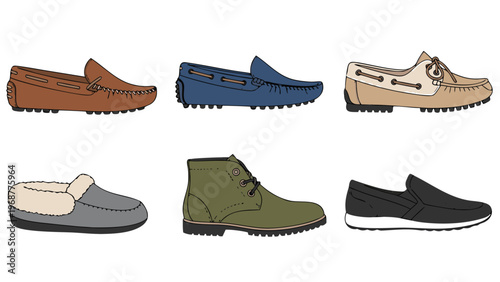 Collection of six different styles of men's footwear, illustrated on white