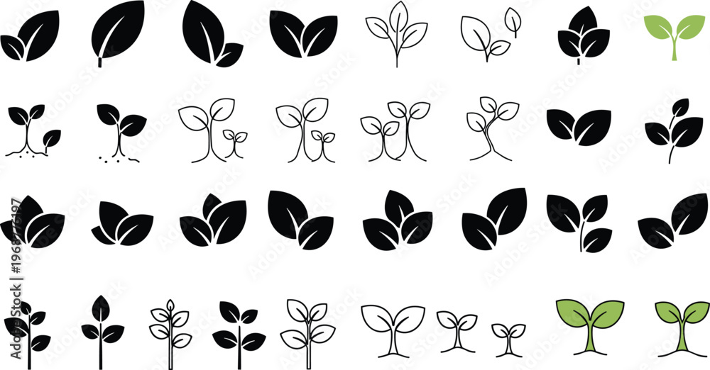 Obraz premium Collection of Minimalist Leaf and Sprout Vector Icons Featuring Organic Green Plant Growth Seedlings and Botanical Foliage Symbols for Eco Friendly Branding and Nature Conservation Designs