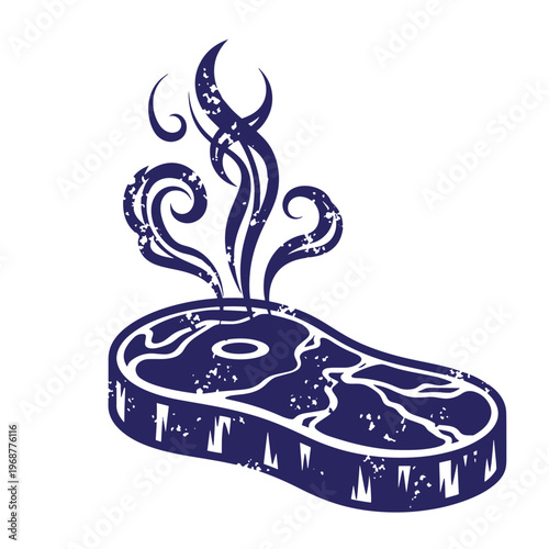 Dark blue of a raw steak cut with swirling steam rising from the featuring a distressed grunge texture on a white background