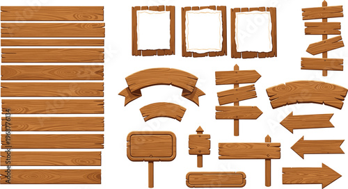 Comprehensive collection of wooden signs and banners featuring hanging boards directional arrows rustic frames and blank planks with realistic wood grain textures