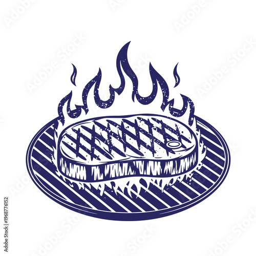 Dark blue of a thick beef steak with crosshatch grill marks cooking on a round grate surrounded by flickering flames with a distressed texture effect on a white background