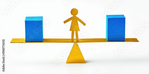 Golden balance scale. Human figure stands centered between two blue cubes. Represents equality, justice, decisions.