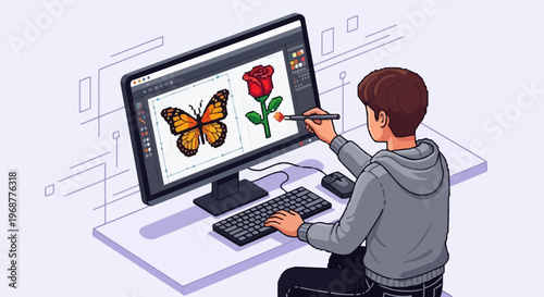 Graphic designer creating digital art of butterfly and rose on computer with stylus