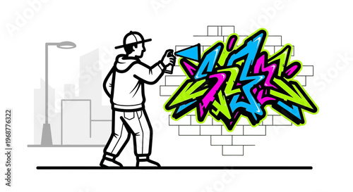 Graffiti artist spraying colorful artwork on brick wall in urban city street