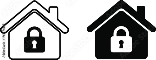 A house icon with a padlock inside is shown in both outlined and solid black versions.