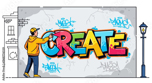 Graffiti artist spray painting the word CREATE on a wall, urban art and creativity concept