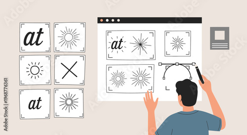 Graphic designer creating logo with sunburst and text elements on a computer screen