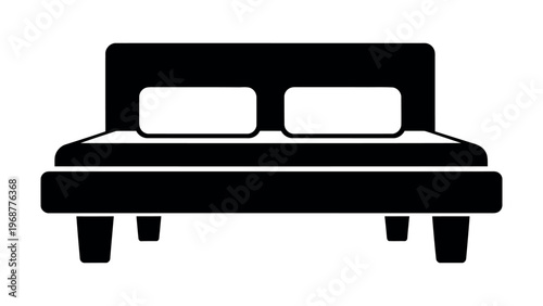 Simple Black Silhouette Icon of a Double Bed with Pillows